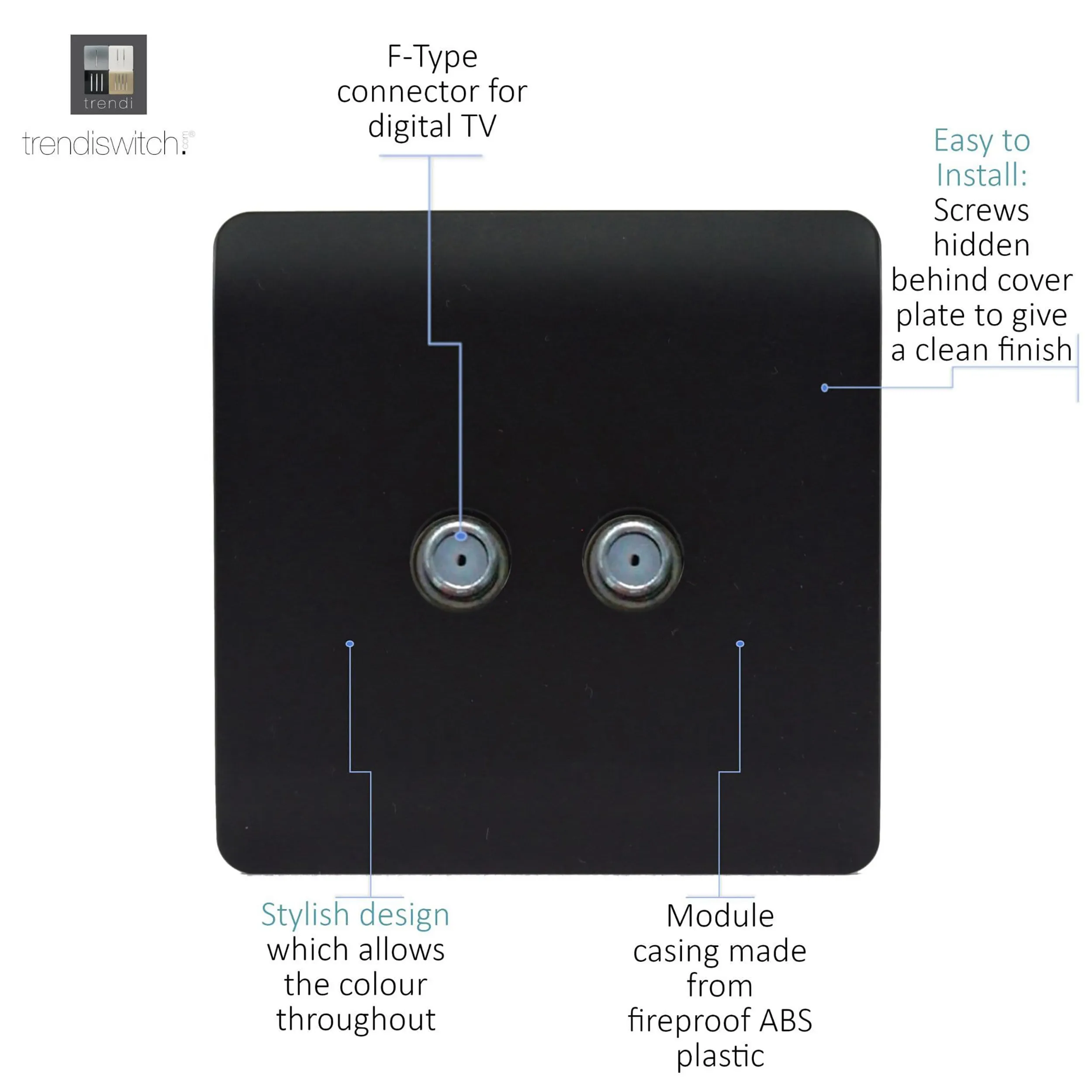 2 Gang F-Type Satellite Televison Socket Matt Black ART-2SATMBK  Trendi Matt Black